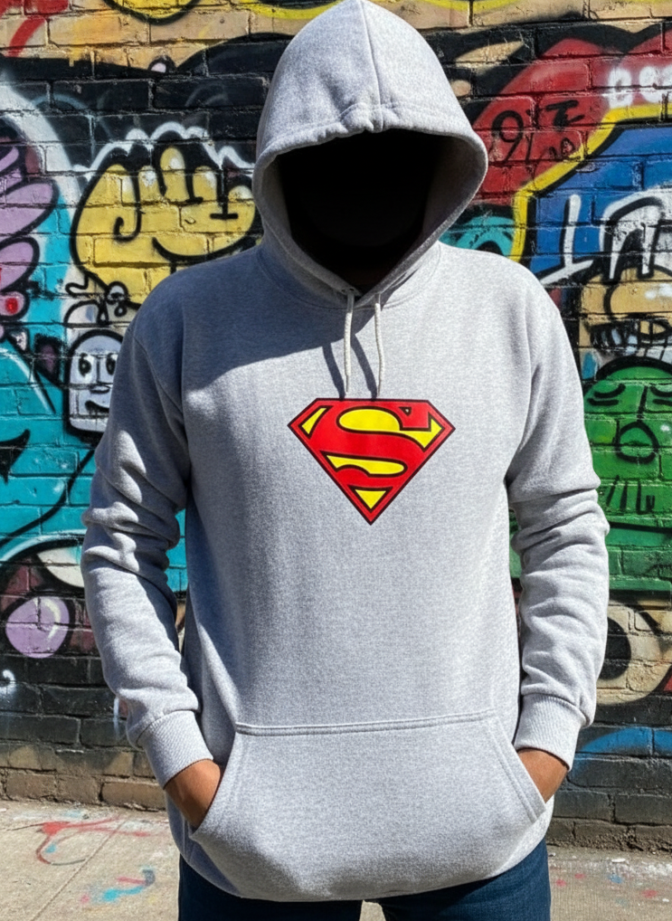New Summer Collection Full Grey Hoodie SUPER MAN Printed For girl And Boys (Extra Large)