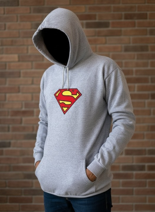 New Summer Collection Full Grey Hoodie SUPER MAN Printed For girl And Boys (Extra Large)