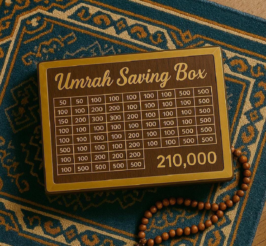 Wooden Umrah Saving Box – Premium 210,000 Goal Money Box For Umrah Fund, Elegant Islamic Design Charity And Donation Storage Box